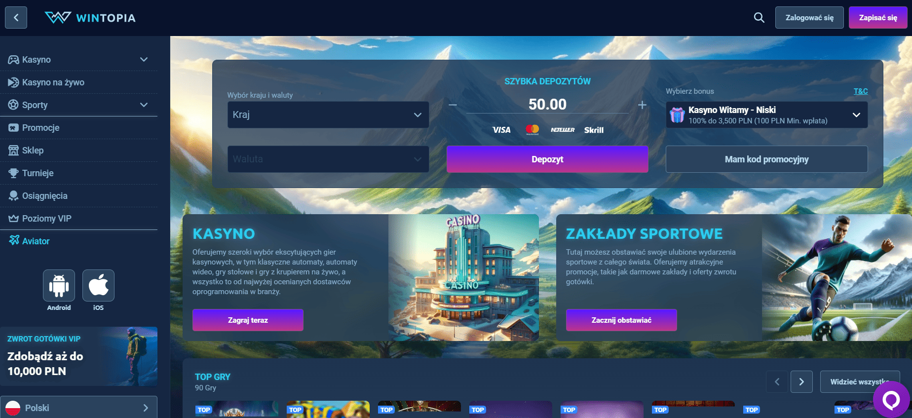 Wintopia casino online interfejs