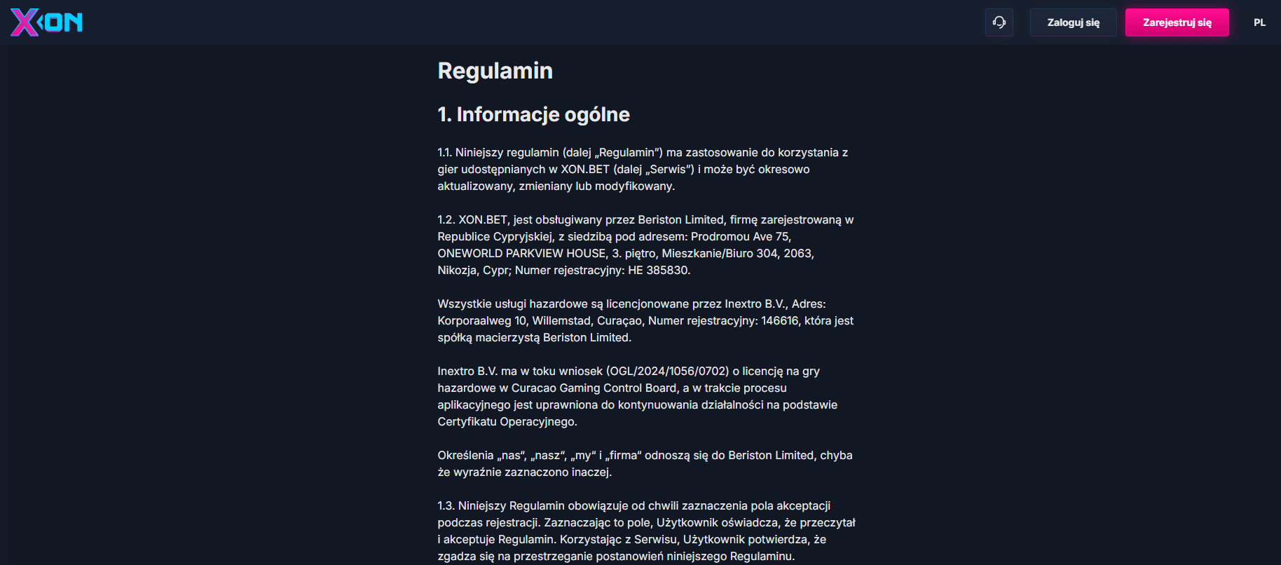 Przeczytaj XON bet regulamin