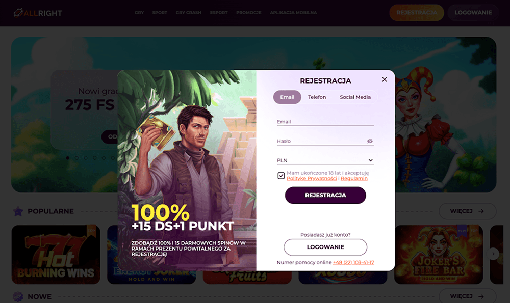 all right casino rejestracja