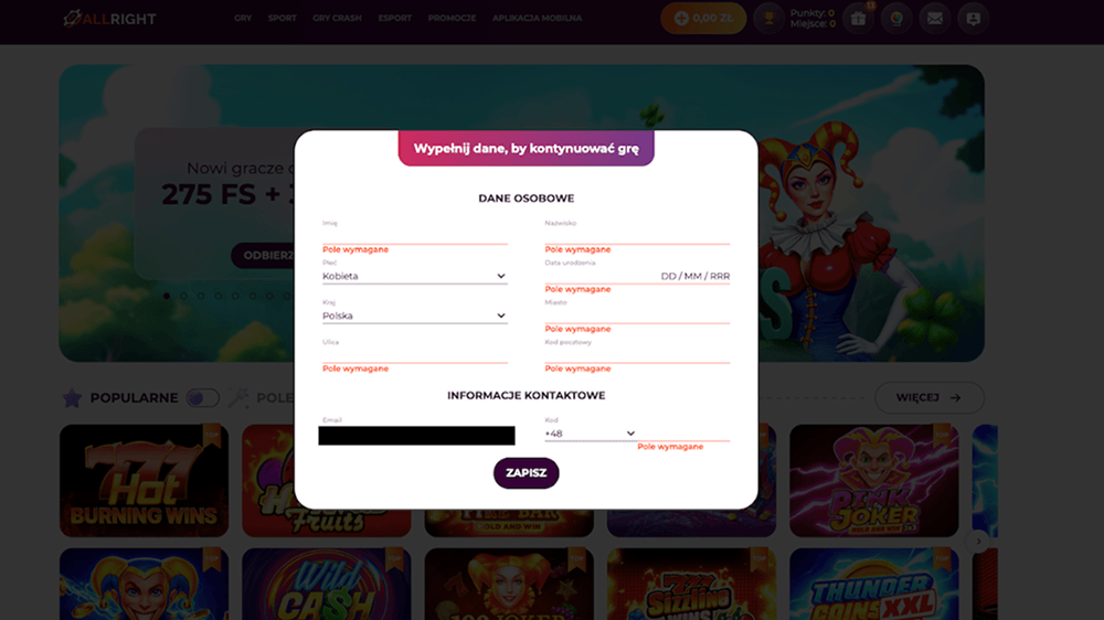 allright casino wypelnienie danych osobowych