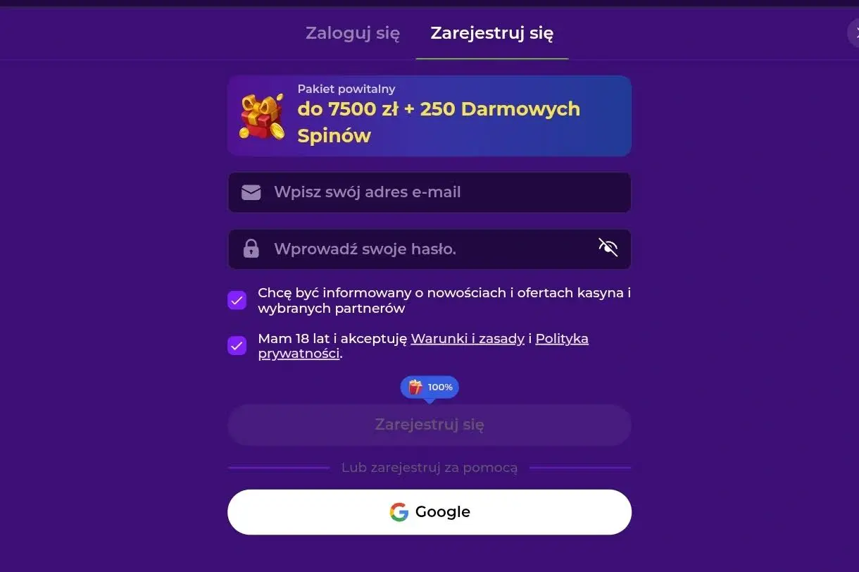 gambloria casino formularz rejestracyjny