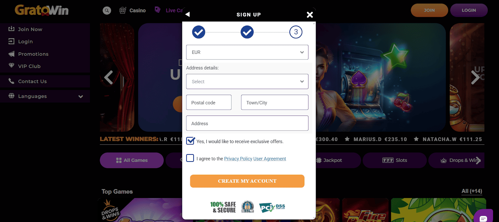 gratowin casino rejestracja krok 3