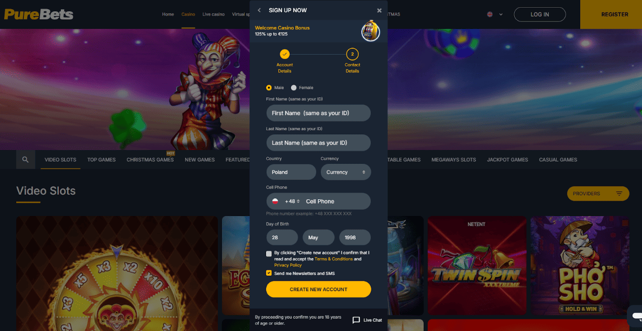register purebets casino 3