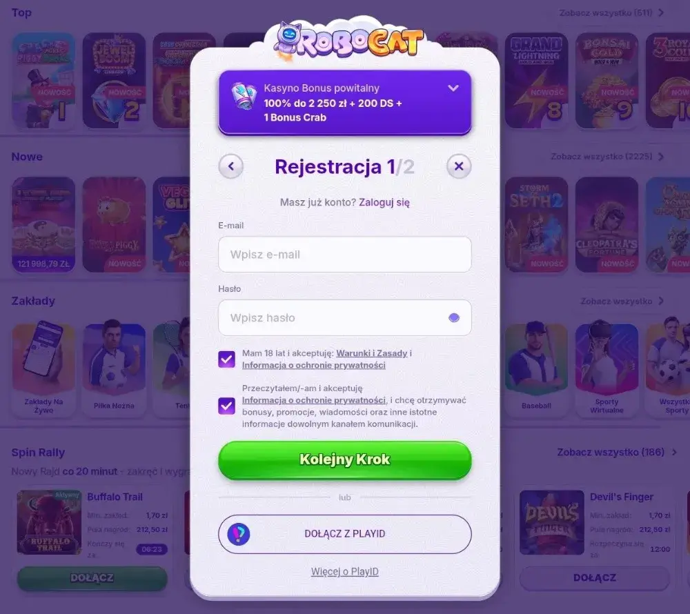 robocat casino rejestracja krok 1
