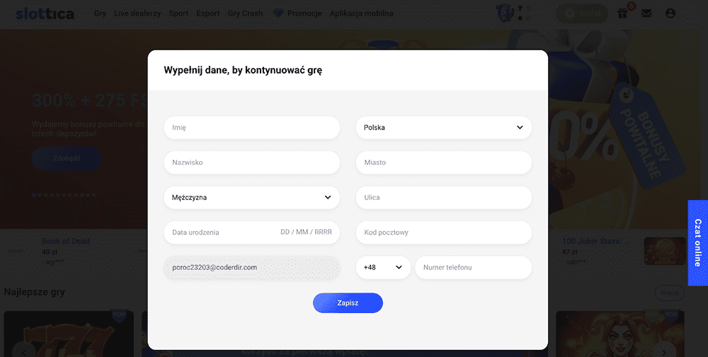 slottica casino wypelnienie danych osobowych