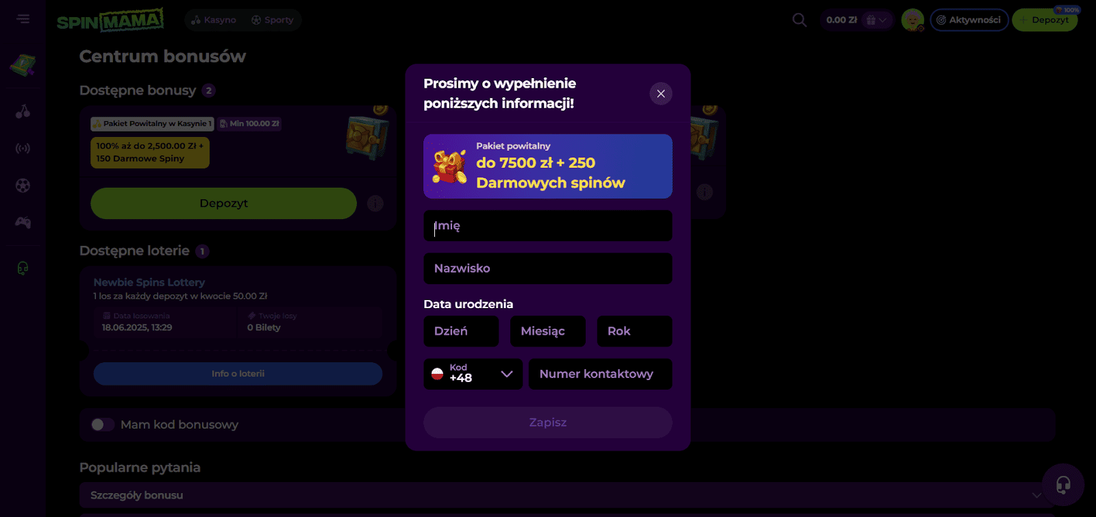 spinmama wypelnienie danych osobowych