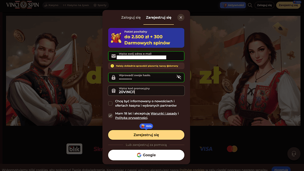 vincispin zakładania konta