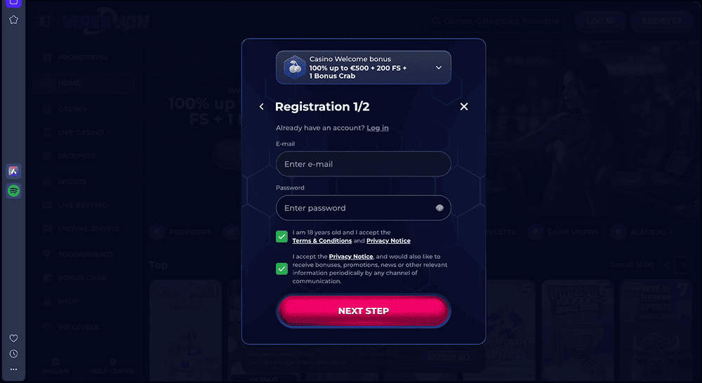 viper win casino wypelnienie e-mail haslo