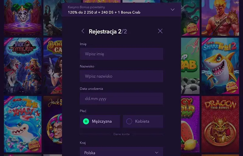 wypelnienie danych osobowych naobet casino